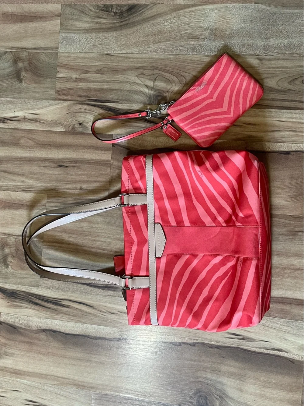 Coach Zebra Stripe Tote Purse and Wristlet Set Orange Coral Canvas 2pc Bundle